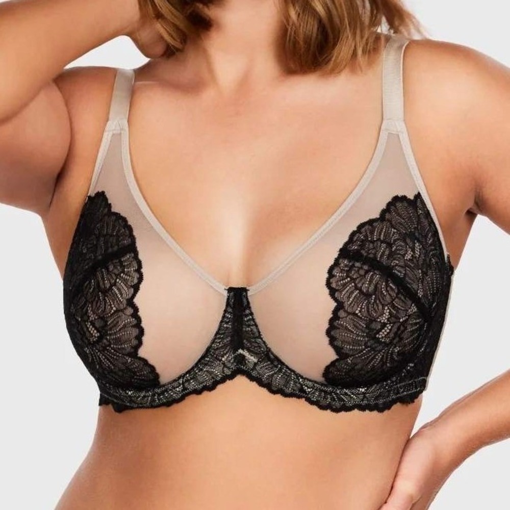 HSIA Blossom Unlined Lace Underwire Bra Two Tone Black 42DDD NEW